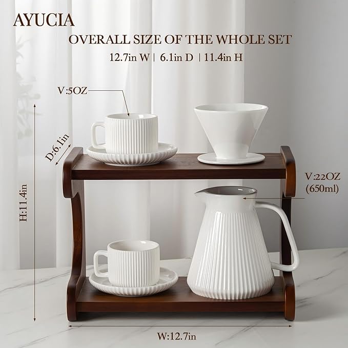 Pour Over Coffee Maker Set 22OZ Ceramic Pour Over Coffee Dripper with Acacia Wood Stand and 5OZ Cups and Saucers Set of 2 Size 02