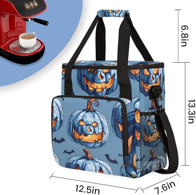Halloween Pumpkin Coffee Maker Carrying Bag Glowing Pumpkin Travel Storage Bag Compatible with K-Mini or K-Mini Plus Single Serve Coffee Brewer Carrying Case with Multiple Pockets &amp Shoulder Str