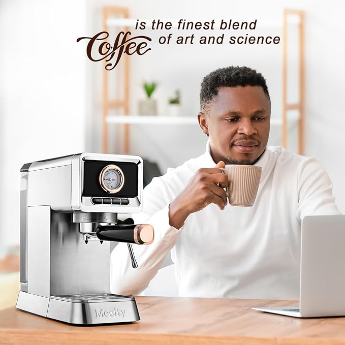 Mecity 20 Bar Espresso Machine with Milk Frother Brushed Stainless Steel Shell 37 fl.Oz Water Reservoir Coffee Maker For Espresso Latte Mocha Americano. 1400W