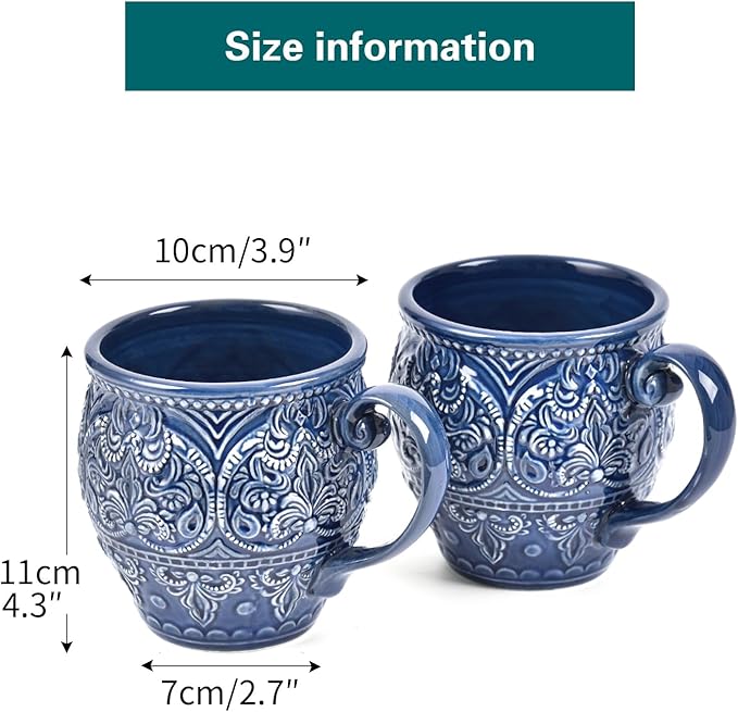 Sungmor Embossed Stoneware Fine Dining Dinnerware Antique Baroque Style Porcelain Coffee Mugs Set of 2 18oz Large Water Cups with Handles Sophisticated Rustic Ceramic Mugs for Tea Milk or Beer