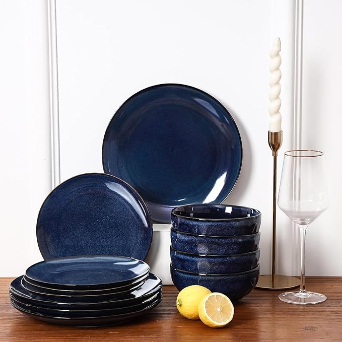 Vicrays 12-Piece Ceramic Dinnerware Set Dinner Plates Salad Plates &amp Cereal Bowls Dish Set for 4 Microwave Oven &amp Dishwasher Safe Scratch Resistant Blue