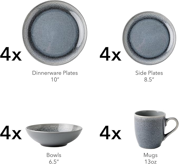 FAIT Round Stoneware 16pc Dinnerware Set for 4 Dinner Plates Side Plates Cereal Bowls Mugs - Reactive Glaze Grey (448158)