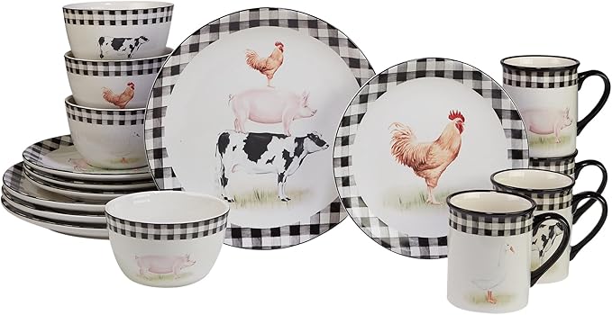 Unknown1 16-Piece Dinnerware Set Service for 4 Black Multi Color White Animal Casual Farmhouse Round Ceramic 16 Piece Dishwasher Safe Microwave