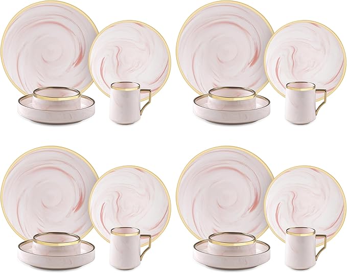 20 Piece Plates and Bowls Sets Fine China Artisan Marbled Dinner Set for 4 Dishwahser Safe Scratch Resistant Pink with Gold Line