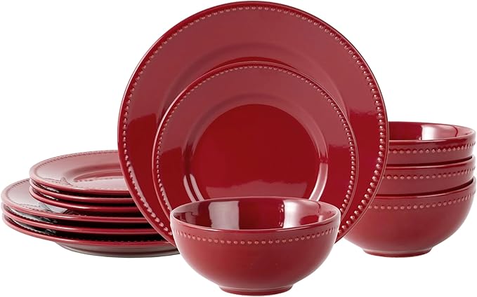 12-Piece Stoneware Dinnerware Set in Redincluding 4 Dinner Plates 4 Salad Plates 4 Bowlsperfect for family dinners casual gatherings or adding a pop of color to your table