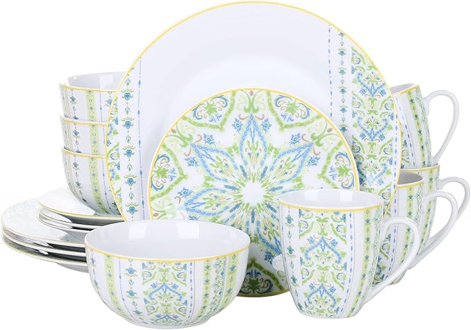 VEWEET Series Magda 16-Piece Dinner Set of Porcelain Combination Set with 10.75 Dinner Plate 7.5 Dessert Plate 5.5 Cereal Bowl and 380ml Mug Service for 4