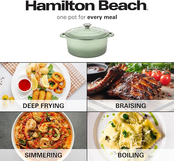 Hamilton Beach Enameled Cast Iron Dutch Oven 5.5-Quart Sage Cream Enamel Dutch Oven Pot with Lid