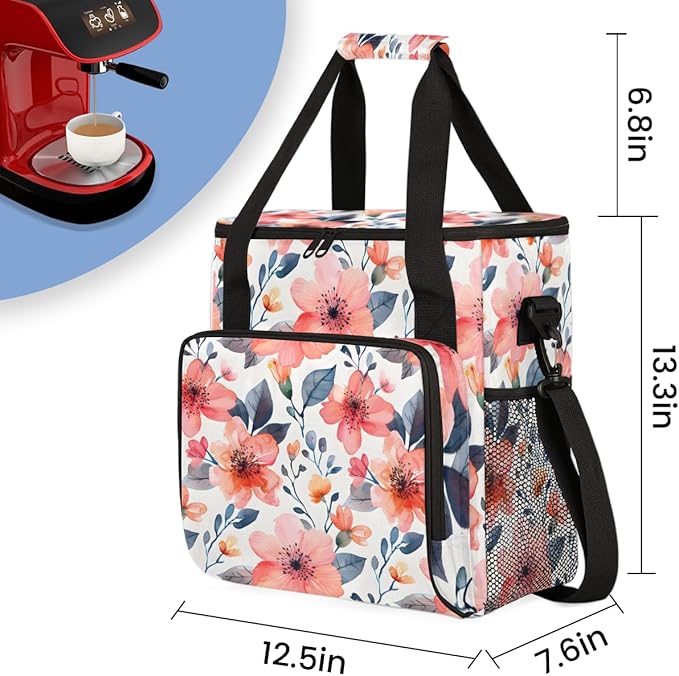 Nectar-rich Flowers Coffee Maker Carrying Bag Portable Travel Storage Tote Bag Compatible with K-Mini or K-Mini Plus Single Serve Coffee Brewer Carrying Case with Multiple Pockets &amp Shoulder Str