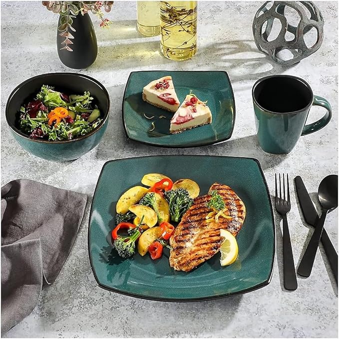 Modern Matte Glaze Square Dinnerware Set - 16 Piece Stoneware Service for 4 Dishwasher &amp Microwave Safe Teal Finish (Teal)
