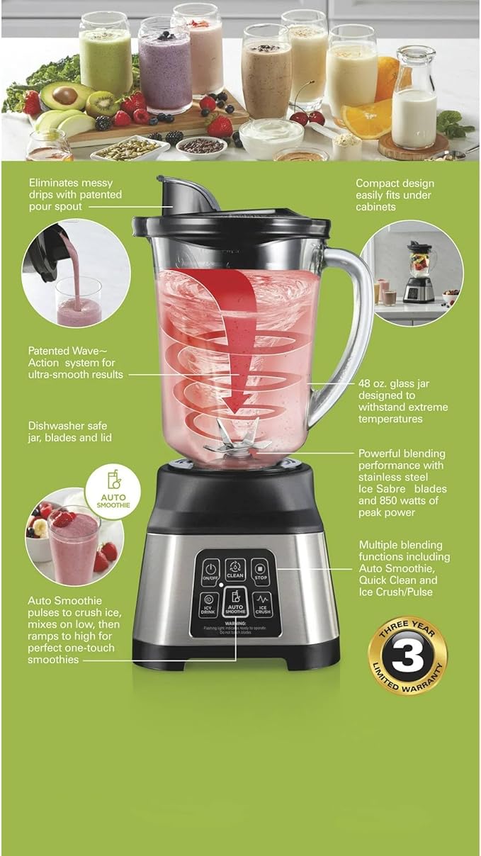 Electronic Countertop Blender with Auto Smoothie Program 48 oz Glass Jar 850W Peak Power Multi-Function Touch Controls