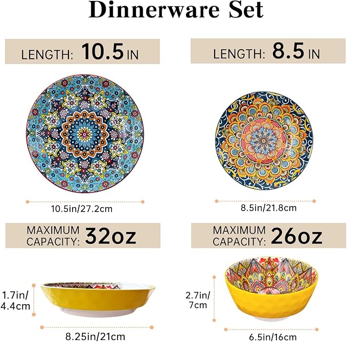 24 Pieces Dinnerware Sets Plates and Bowls Set Porcelain Dishes Set for 6 Microwave and Dishwasher Safe Scratch Resistant Bohemian Style Dishes Set Service for 6