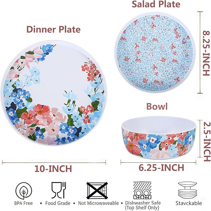 Spring Flower Melamine Dinnerware Set for 4 12 Piece Floral Plates and Bowls Set Dishwasher Safe Lightweight Dishes Straight Edge Tableware for Kitchen Indoor Outdoor RV Camping Picnic Gift
