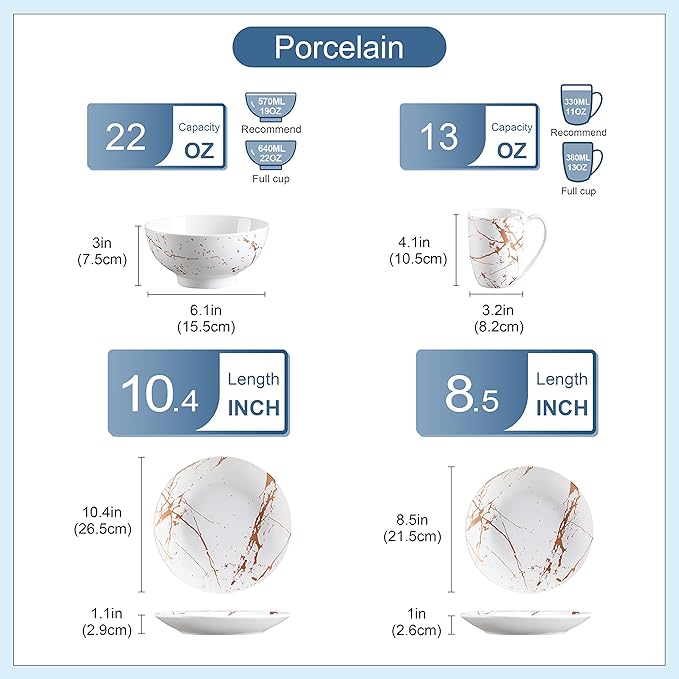 LOVECASA White Dinnerware Sets for 4 16 Piece Porcelain Dish Set Plates and Bowls Sets Gold Splash Glaze Ceramic Dinner Set with Mugs Dishwasher Microwave Safe