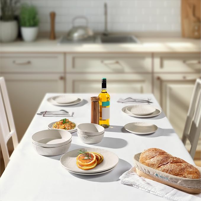 Navaris Linen Artisan Stoneware Dinnerware Set (18 Pieces) - White Dinnerware with Dinner Plates Side Plates and Pasta Bowls - Dishwasher and Microwave Safe