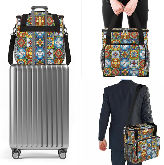 Ethnic Mexican Colorful Flowers Plaid Coffee Maker Carrying Bag Coffee Machine Travel Storage Tote Bag Compatible with K-Mini or K-Mini Plus Portable Single Serve Coffee Brewer Case with Pockets