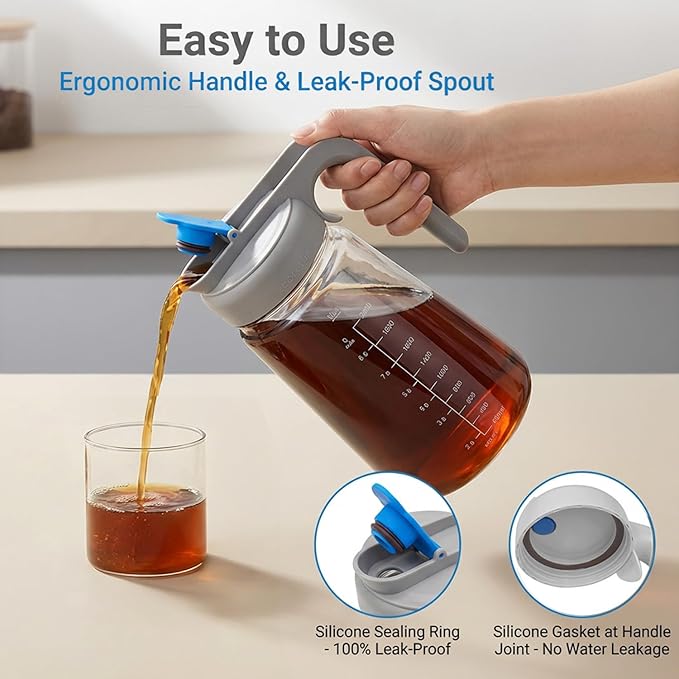ECORELAX Cold Brew Coffee MakerHigh Transparency Borosilicate Glass Container with Stainless Steel Filter Iced Tea Pitcher with LidModern Style Ergonomic HandleSpill-proof Lid (（Gray 64oz)