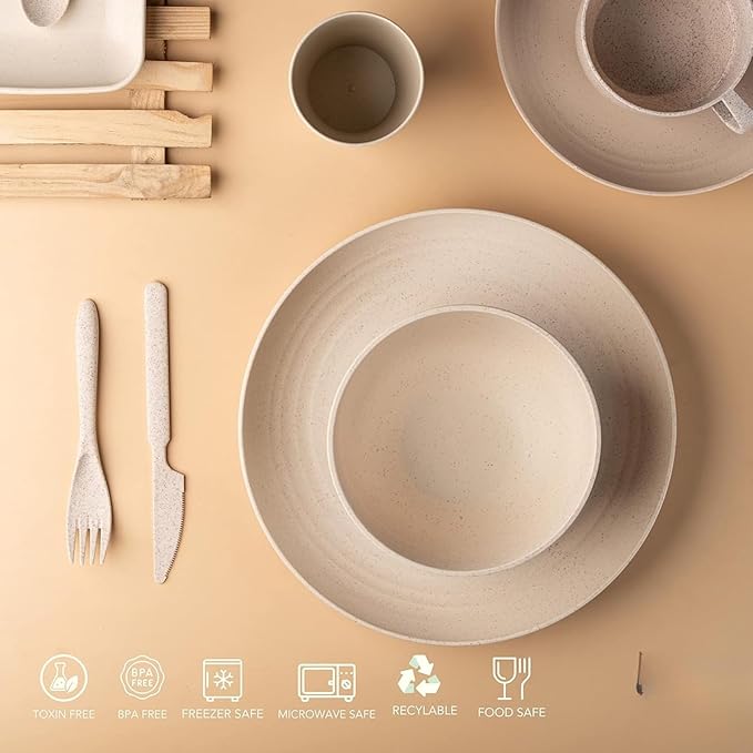 Planet Friendly Dinnerware Set Wheat Straw Lightweight Unbreakable Plates Bowls and Cups Microwave Safe 6 Pieces Soft Beige (Planet Friendly Dinnerware Sets)