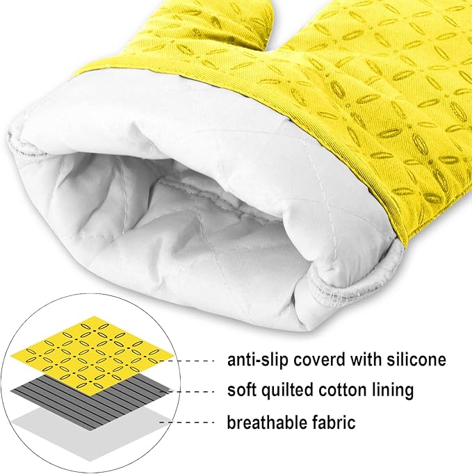 KEGOUU Oven Mitts and Pot Holders 6pcs Set Kitchen Oven Glove High Heat Resistant 500 Degree Extra Long Oven Mitts and Potholder with Non-Slip Silicone Surface for Cooking (Yellow)