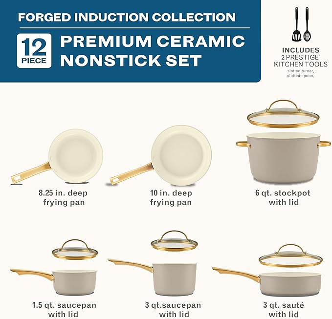 Farberware Forged Induction Ceramic Nonstick Pots and Pans Set with Cooking Tools Dishwasher Safe Gold Color Stainless Steel Handles 12 Piece Cookware Set - Taupe
