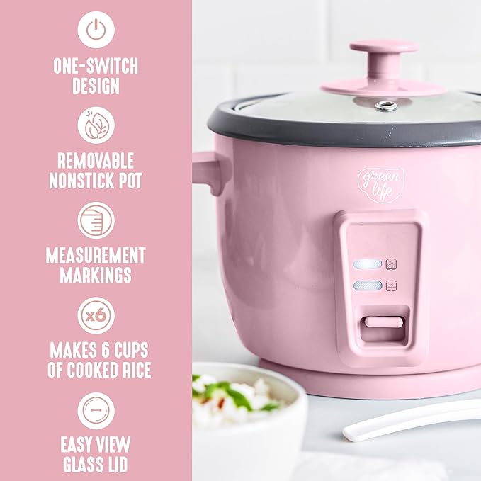 GreenLife Rice Cooker with Removable PFAS-Free Ceramic Nonstick Pot 3-Cups Uncooked/6-Cups Cooked Grains &amp Oatmeal Multicooker Compact One-Switch Design Auto Keep Warm Easy Clean Pink