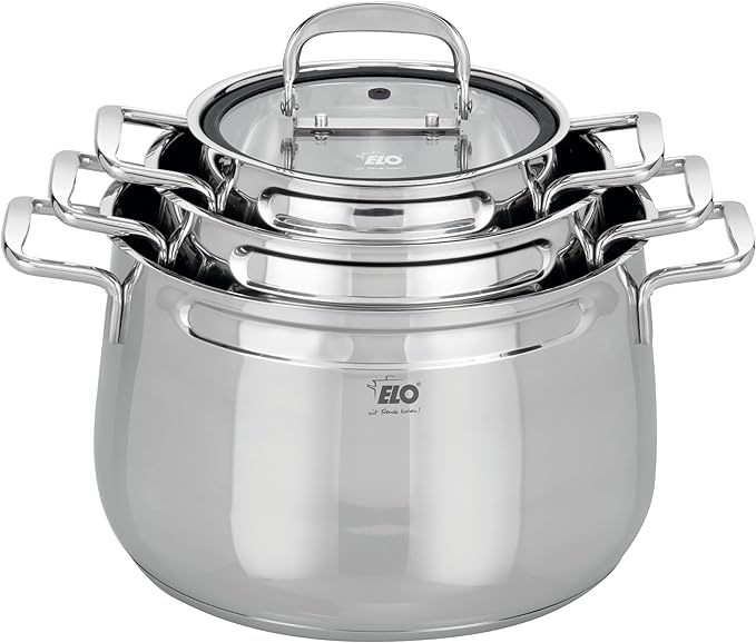 ELO Induction Cookware Set Stainless Steel Ceramic and Gas with Measuring System and Measuring Scale Diameter 160 x 10.5 cm Diameter 20 x 12.5 cm and Diameter 24 x 15.5 cm Set of 3