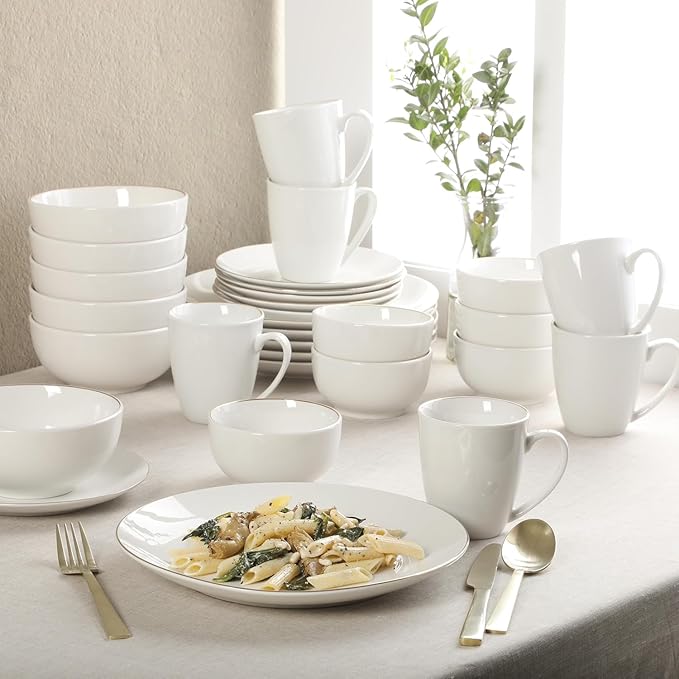 30 Piece Gold Banded Fine Ceramic Dinnerware Set – Service for 6 Elegant Round Plates Bowls &amp Mugs for Formal Dining and Everyday Meals