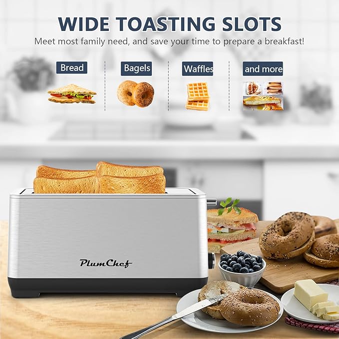 4-Slice Toaster Extra Wide Long Slot Toaster 6 Browning Settings Bagel/Defrost/Reheat Functions Removable Crumb Tray Stainless Steel Housing (Stainless Steel)