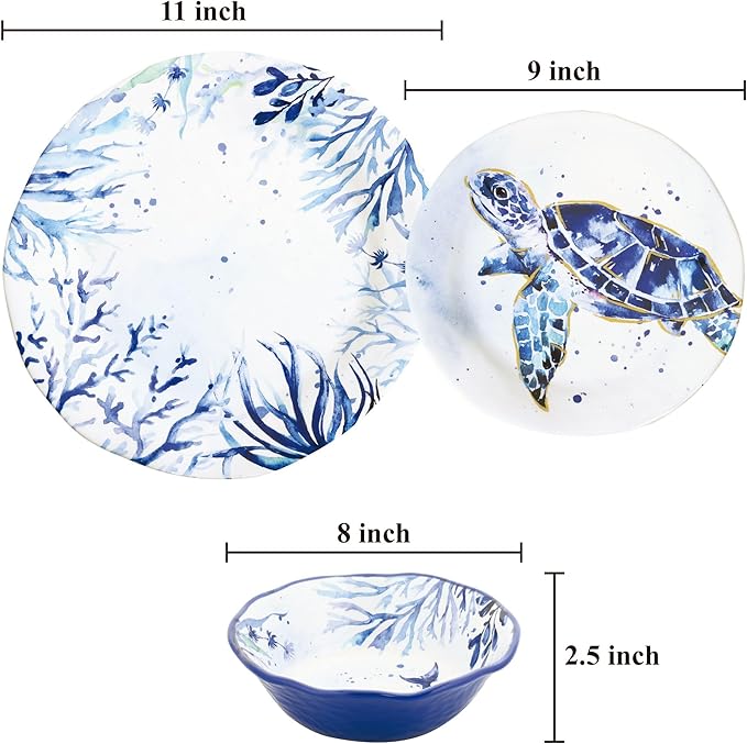 UPware 12 Piece Indigo Sea Life Melamine Dinnerware Sets Outdoor Dishes Set Plates and Bowls Sets Service for 4 Blue