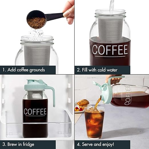 Primula Mason Jar Cold Brew Iced Coffee Maker with Stainless Steel Filter and Easy Pour Lid Durable Glass Pitcher Fits in Most Fridge Doors Dishwasher Safe Made without BPA 2-Quart Aqua