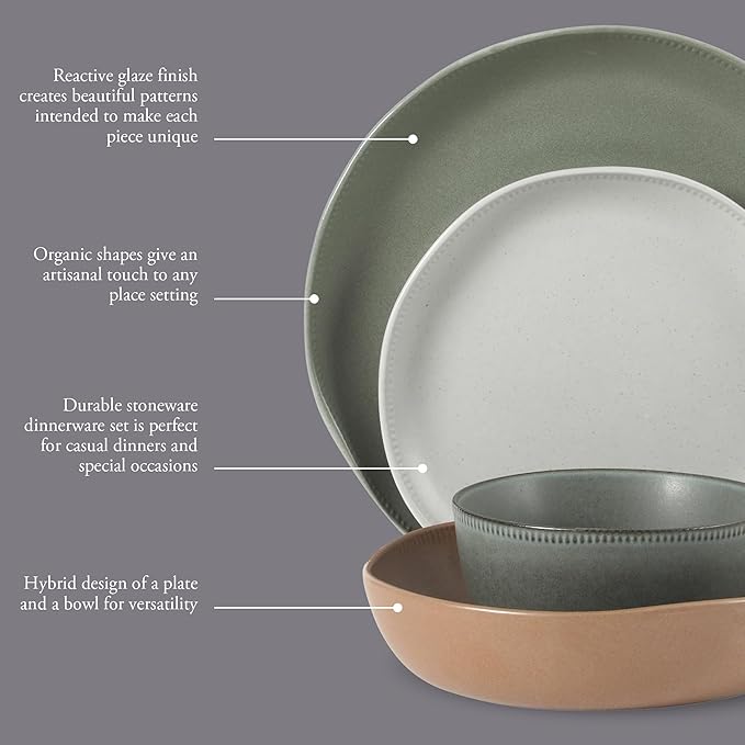 Gibson Elite Menlo Park 16-Piece Pottery Clay Stoneware Dinnerware Set – Assorted Color Reactive Glaze Organic Shape Embossed Plates and Bowls W/Pasta Bowl Service for 4 Microwave Dishwasher Safe