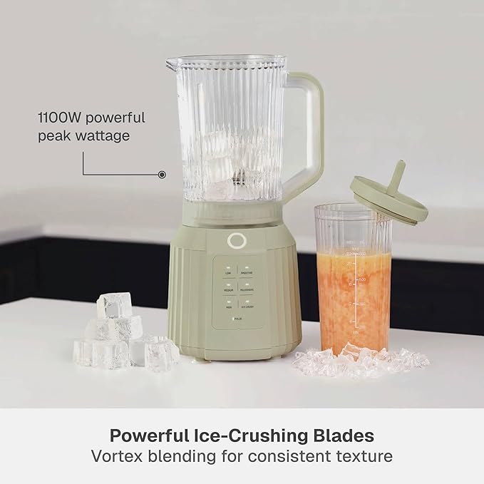 Countertop Blender with Pitcher and To-Go Cup 1100W High-Power Blender Stainless Steel Blade Multiple Speed Settings (Eucalyptus Green)
