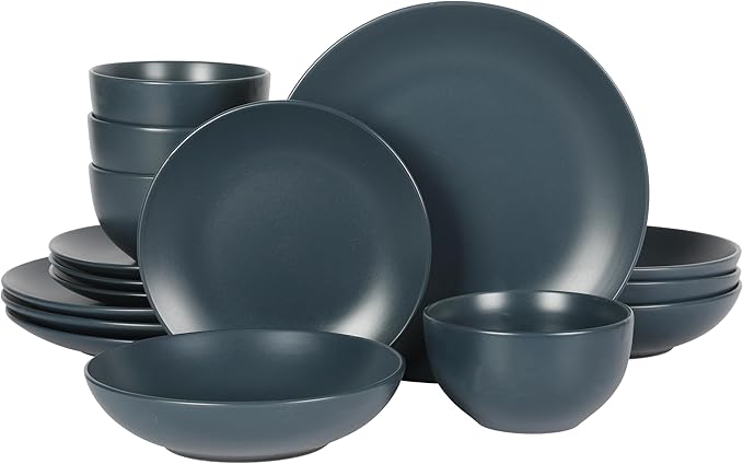 Gibson Home Queenslane 16-Piece Matte Blue Stoneware Dinnerware Set – Double Bowl Plates and Bowls Durable Kitchen Dinner Set