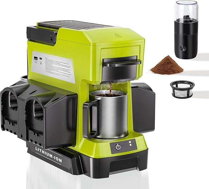 Taingwei Cordless Coffee Maker for Ryobi 18V Battery Portable Drip Coffee Maker with Electric Coffee Grinder for RV Camping Travel Car Hiking (Battery Not Included)