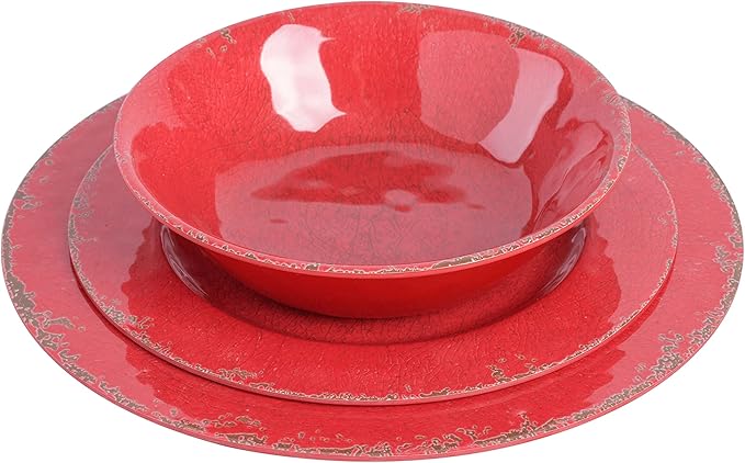 Gibson Home Mauna Melamine Plastic Dinnerware Set Service for 4 (12pcs) Red Rustic (Pack of 2)