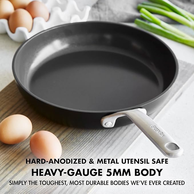 GreenPan GP5 Hard Anodized Healthy Ceramic Nonstick 10 Frying Pan Skillet Heavy Gauge Scratch Resistant Stay Flat Surface Induction Mirror Finish HandleOven Safe PFAS-Free Black