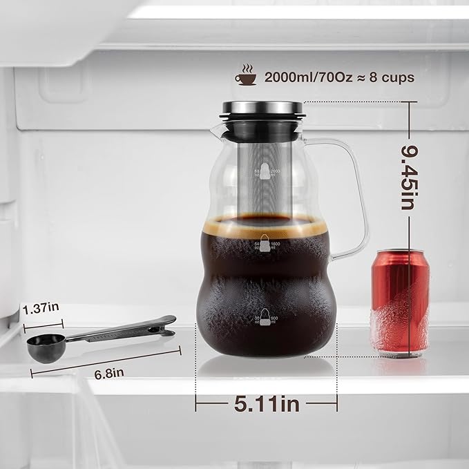 TRINIDa Cold Brew Pitcher 2000ml/67oz High Borosilicate Glass -4°F to 266°F Stainless Steel 150 Mesh Easy Clean Family Size Glass Pitcher Ideal coffee gifts Cold Brew Coffee Maker