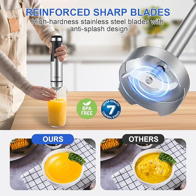 Immersion Blender 5 in 1 Handheld Blender 1500W 20 Speed Mode&ampTurbo Boost Heavy Duty Motor Electric Hand Blender with Chopper Whisk Frother Beaker for Baby Food Sauce Soup Aquox
