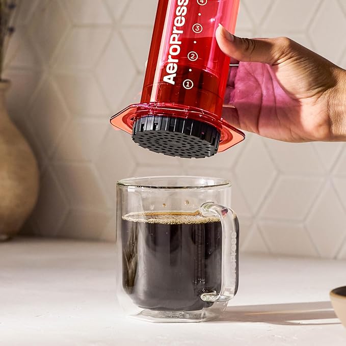AeroPress Clear Red Coffee Press - All-in-One French Press Pour-Over &amp Espresso Style Manual Brewer 2 Min Brew for Less Bitterness More Flavor Small Portable Coffee Maker Travel &amp Camping