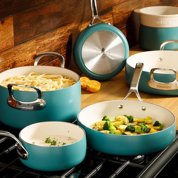Bloomhouse 12 Piece Aluminum Pots and Pans Cookware Set w/Non-toxic Ceramic Non-stick Ceramic Steamer Insert &amp 12 Protective Care Bags - Agave Blue