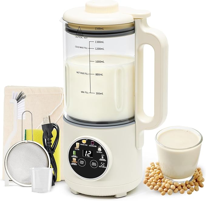 8-in-1 Nut Milk Maker Machine 50oz Glass Soy Almond Oat Milk Maker with 20 Blades Delay Timer Constant Temperature Self-Cleaning Overheat Protection Recipe Included