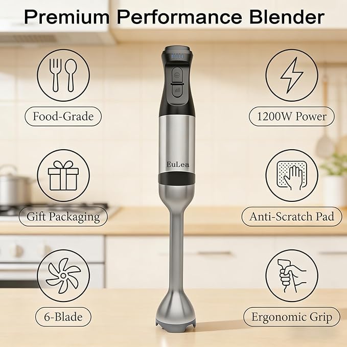 2026 New Immersion Hand Blender 1200W with 5-Speed Settings Stainless Steel Bladeswith scratch-resistant design Gift Box Packaging. An Ideal Choice for Blending Soup Mayonnaise