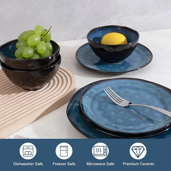 Dinnerware Set Blue 12 Pieces Service for 4 Stoneware Plates and Bowls Set Stoneware Set Dishwasher Microwave Safe Dishes set