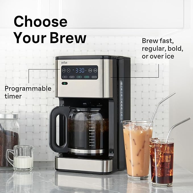 Braun PureFlavor 14‑Cup Programmable Coffee Maker – Fast Brew Speed Touch Display Bold &amp Brew‑Over‑Ice Modes FlavorCarafe &amp Adjustable Warm Plate