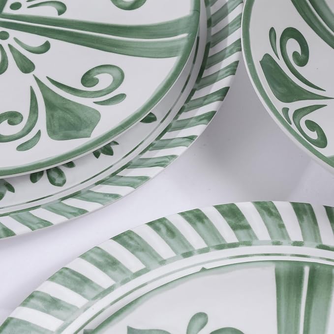 Melamine Dinnerware Sets Dinnerware Sets for 4 12Pcs Plates and Bowls Sets Green Floral Embossed Design Dish Set for Indoor and Outdoor Use