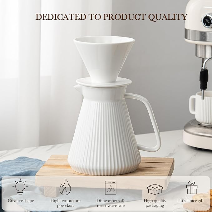 Pour Over Coffee Maker Set Ceramic Coffee Dripper with Pot Set 22OZ White Cream Pour Over Coffee Brewer for Home Café Restaurant Camping Size 02