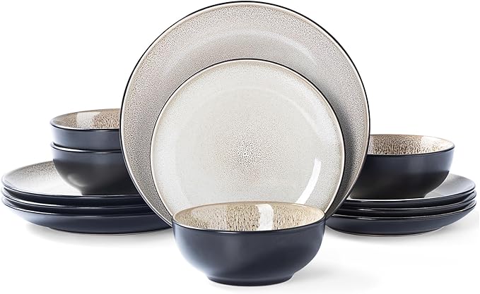 Plates and Bowls Sets for 4 - CJDC-QUELO 12-Piece Stoneware Dinnerware Sets Ceramic Dishware Set for Kitchen Use and Formal Dining Chip and Scratch Resistant Microwave Dishwasher Safe Brown