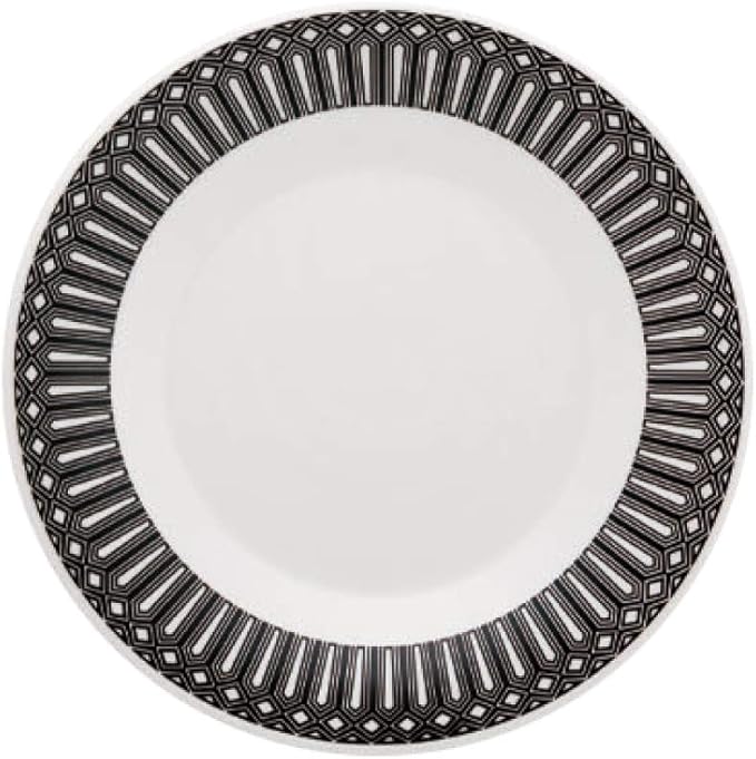 Manhattan Comfort Biona 16 Piece Ceramic Dinnerware Set Service for 4 Scratch-Resistant Oven &amp Microwave Safe Smooth &amp Durable Dishes with Elegant Geometric Patterns Black/Ivory