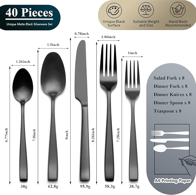 Matte Black Silverware Set EIUBUIE 40-Piece Premium Stainless Steel Black Cutlery Set for 8 Matte Flatware Sets Kitchen Utensils Sets Include Forks Spoons Knives