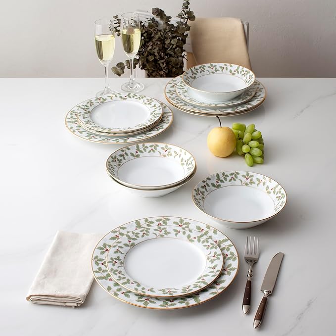 Noritake Holly and Berry Gold 12-Piece Dinnerware Set Service for 4