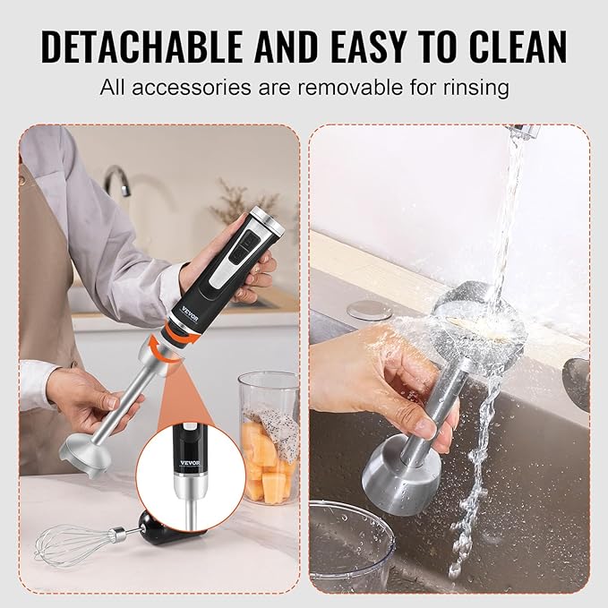 VEVOR Hand Blender 8 Variable Speeds Immersion Blender Stainless Steel Handheld Blender Powerful Motor Hand Mixer USB Charging Cable Multi-purpose Easy Control Grip Stick Mixer